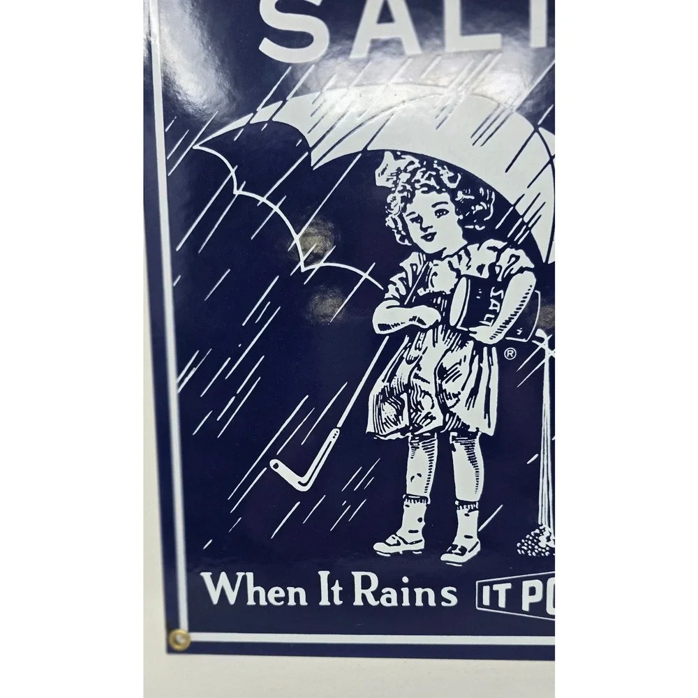 Vtg Ande Rooney porcelain enameled metal sign Morton Salt Umbrella Girl repro